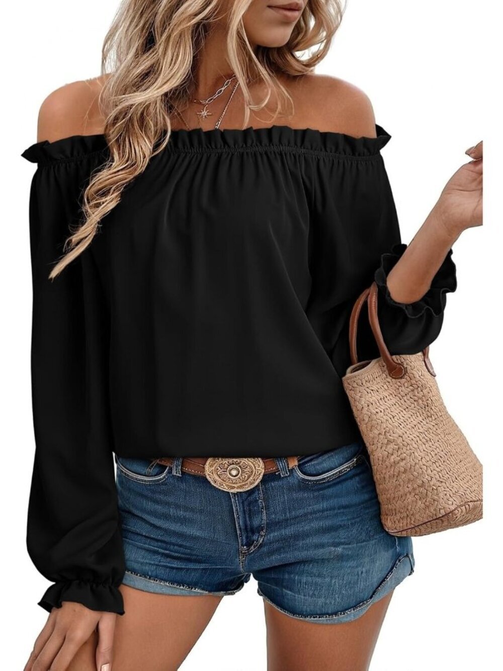 Women's Black Shoulder Dressy Casual Cute Puff Sleeve Fashion Blouses T Shirts